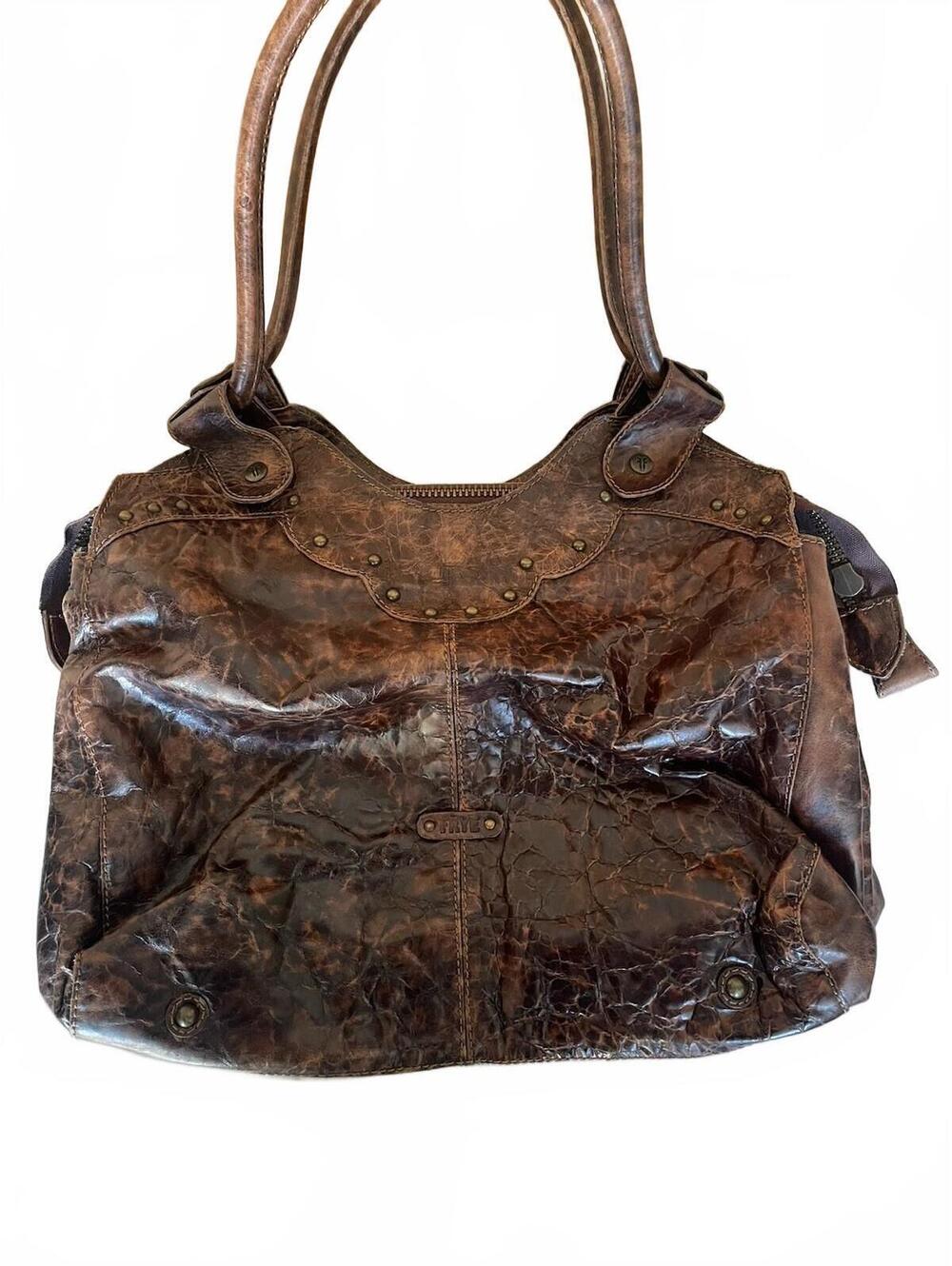 Frye Brown Distressed Studded Zip Tote Bag w/ Dust Bag Lined Inner Pockets